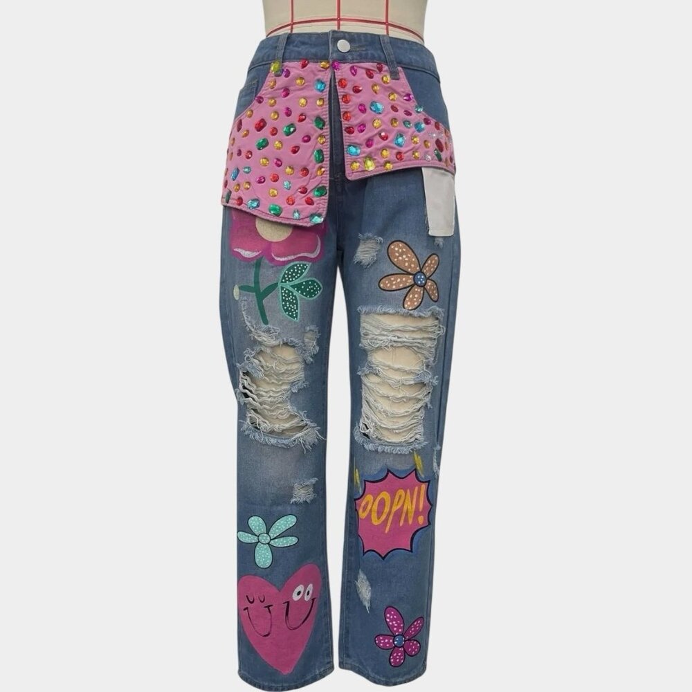 Women Ripped Jeans Straight Cut Boyfriend Size XL Rhinestones Multicolor Prints